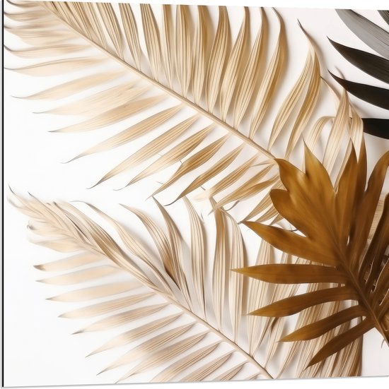 Dibond - Tropische Bladeren in Goudtinten tegen Witte Achtergrond - 80x80 cm Foto op Aluminium (Wanddecoratie van metaal)