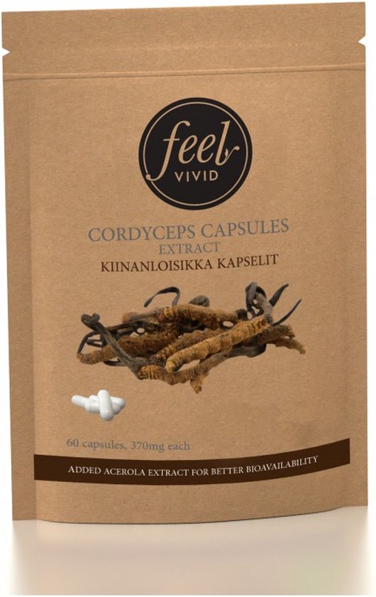 Bruine papieren zak met 'feel VIVID' logo, Cordyceps extract capsules en gedroogde cordyceps paddenstoelen.