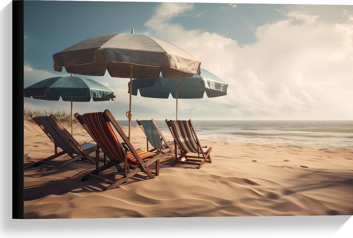 Canvas - Strandstoelen en Parasols op het Strand op Bewolkte Dag - 60x40 cm Foto op Canvas