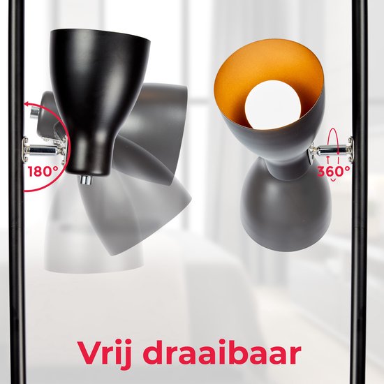 Gedetailleerde close-up van de draaibare lampkoppen van een zwarte staande lamp.