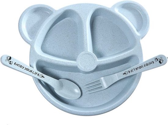 Services de table Bébé - Assiette à compartiments - Couverts Kinder - Fourchette - Cuillère - Couverts d'entraînement - Blauw - Paille de blé - Durable