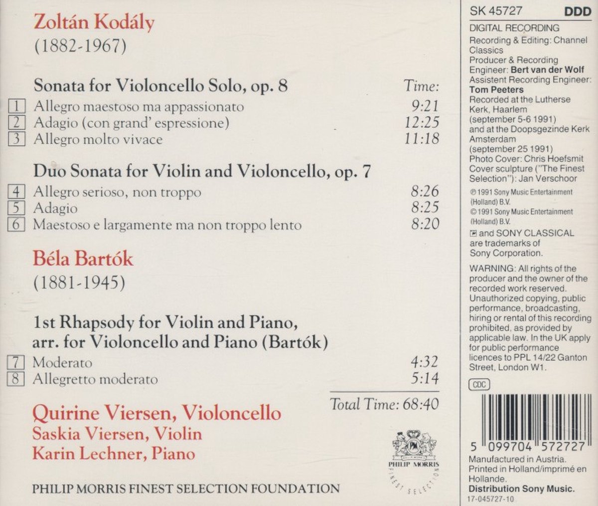 Kodály*, Bartók*, Quirine Viersen, Saskia Viersen, Karin Lechner – The Finest Selection Of