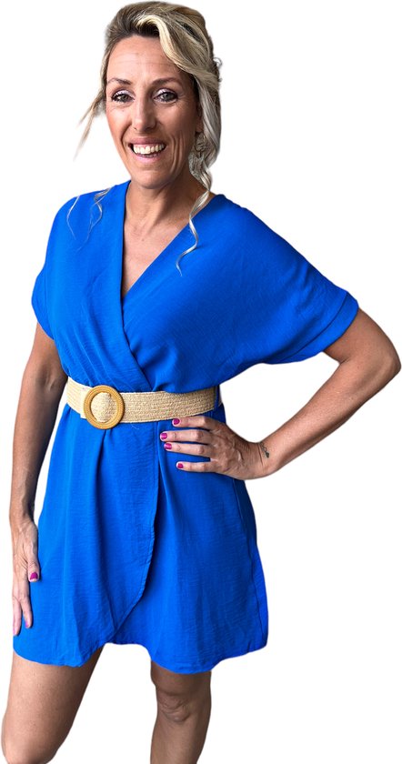 Overslag jurkje met riem kobalt blauw 1 maat draagbaar tot maat 42