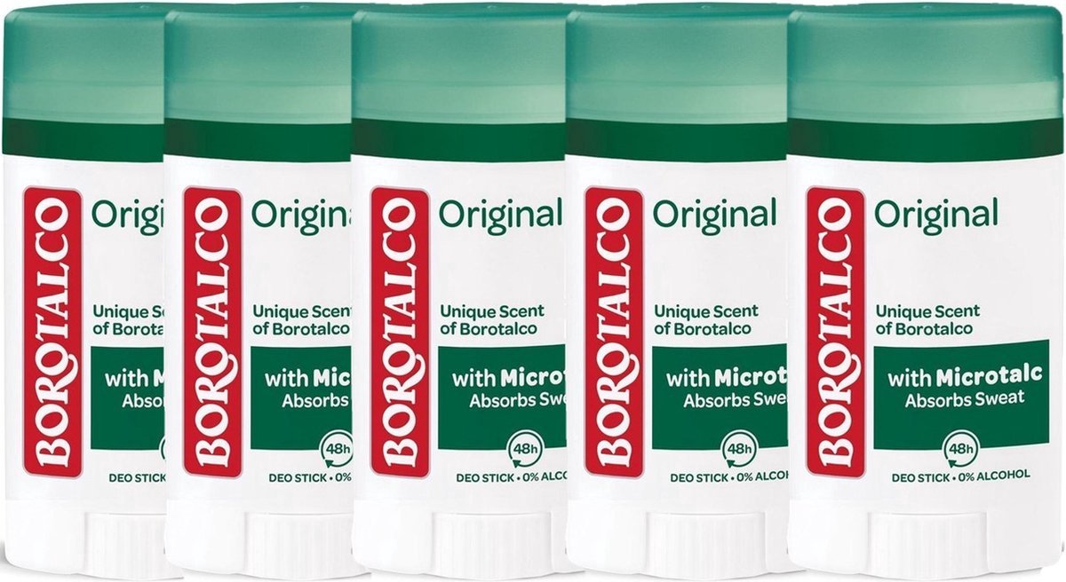 Borotalco Original Deodorant Stick - 5 x 40 ml - Onmiskenbaar en Tijdloos - Met Microtalc - Zonder Alcohol - Deodorant Man Voordeelverpakking