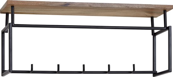 Rootz Wandkast - Mangohout Metaal - Design Haakrail met Plank en Kledingroede - Houten Halkast - 71x29x20 cm