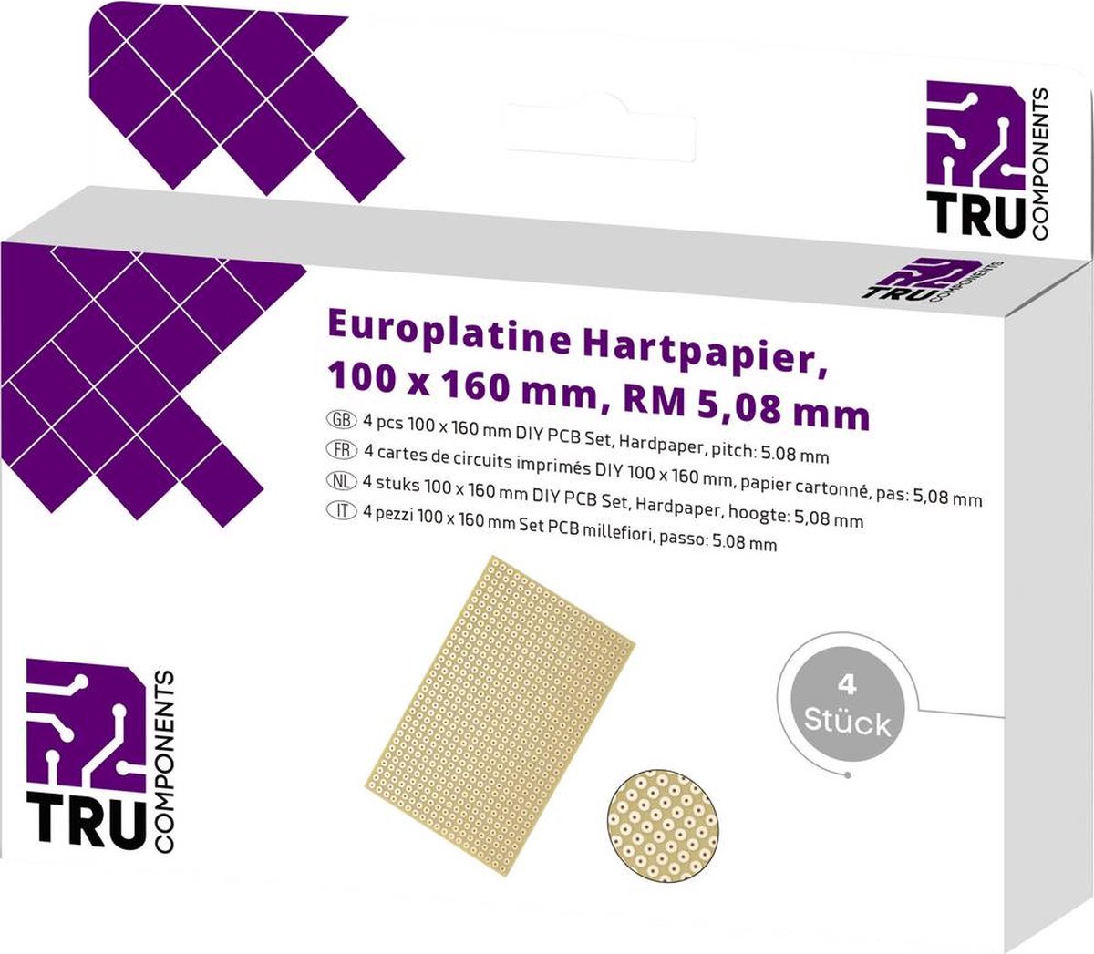 TRU COMPONENTS Printplaat Hardpapier (l x b) 160 mm x 100 mm 35 µm Rastermaat 5.08 mm Inhoud 4 stuk(s) - Tru Components