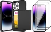 Hoesje met Pasjeshouder geschikt voor iPhone 14 Pro - 2x Screen Protector FullGuard - Back Cover SlideCase Zwart & Screenprotector