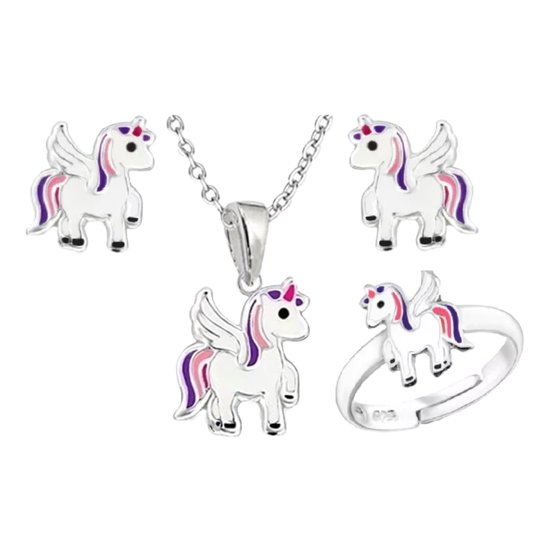 La Rosa Princesa Zilveren Set Eenhoorn Oorbellen Unicorn Ketting - Ring