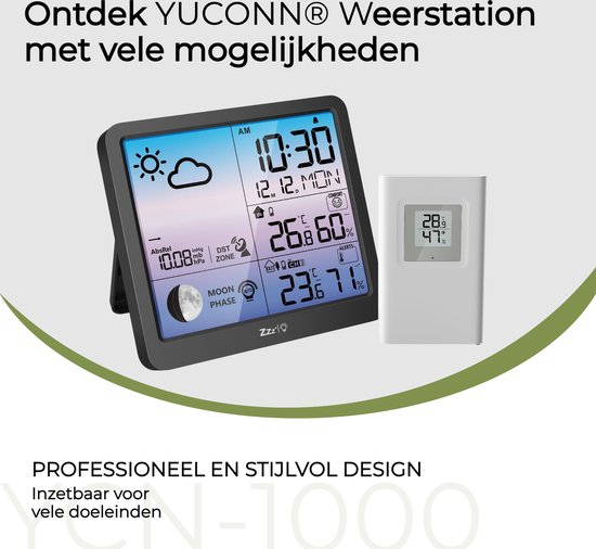 Draadloos weerstation met buitensensor, thermometers, hygrometer, 6,0 inch LCD-display, weersvoorspelling, dag van de week, wekker, sluimerfunctie en zwart scherm