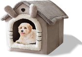 Kattenhuisbed, wasbaar hondenbed, warm en gezellig pluche katteniglo, opvouwbaar, comfortabel huisdierkattenhuis, huisdierbed met antislip bodem (M, grijze kat)