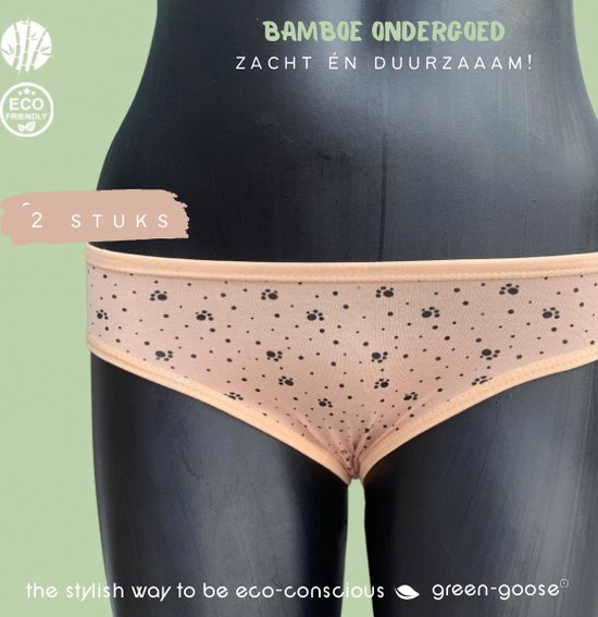 green-goose Bamboe Dames Slip | Set van 2 | Maat M/L | Perzik | Met Pootjes Opdruk | Duurzaam, Ademend en Heerlijk Zacht