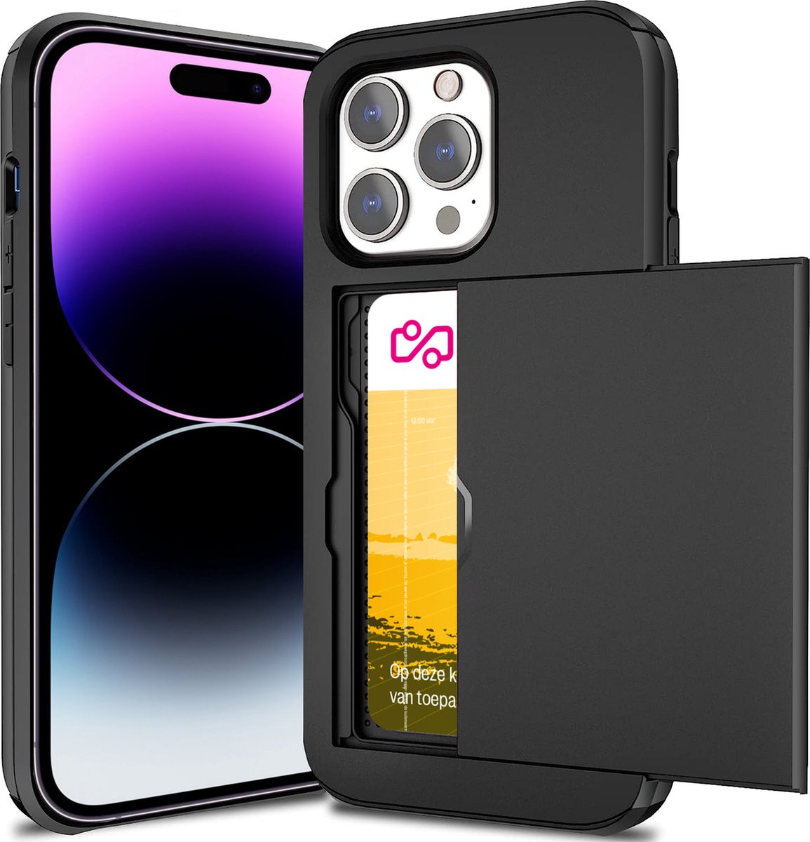 Hoesje met Pasjeshouder geschikt voor iPhone 14 Pro Max - Back Cover SlideCase Zwart
