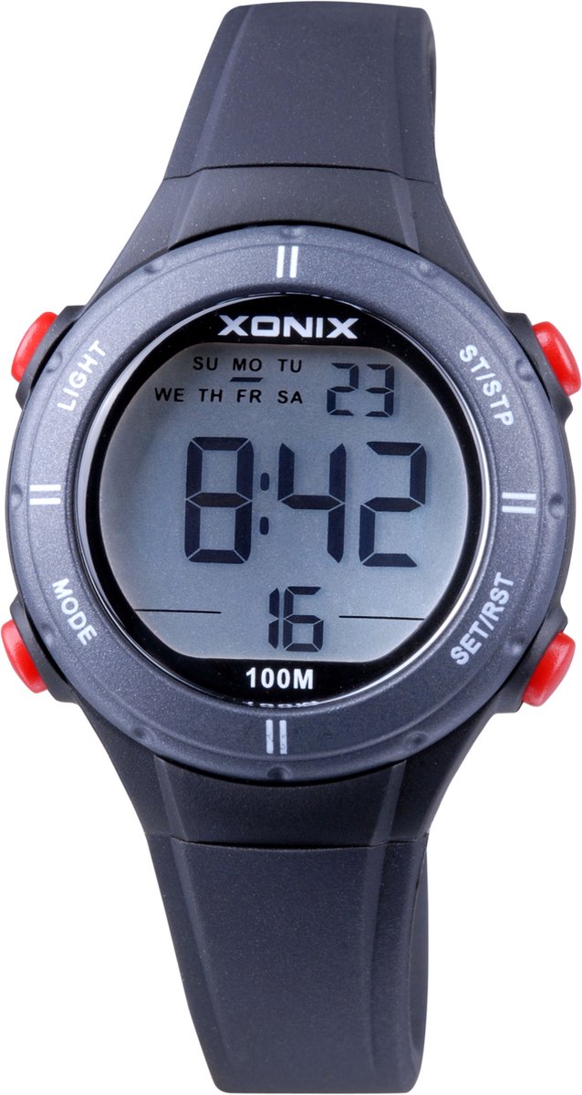 Xonix BAI-A07 - Horloge - Digitaal - Kinderen - Unisex - Siliconen band - ABS - Cijfers - Achtergrondverlichting - Alarm - Start-Stop - Tweede tijdzone - Datumaanduiding - Waterdicht - 10 ATM - Zwart - Grijs