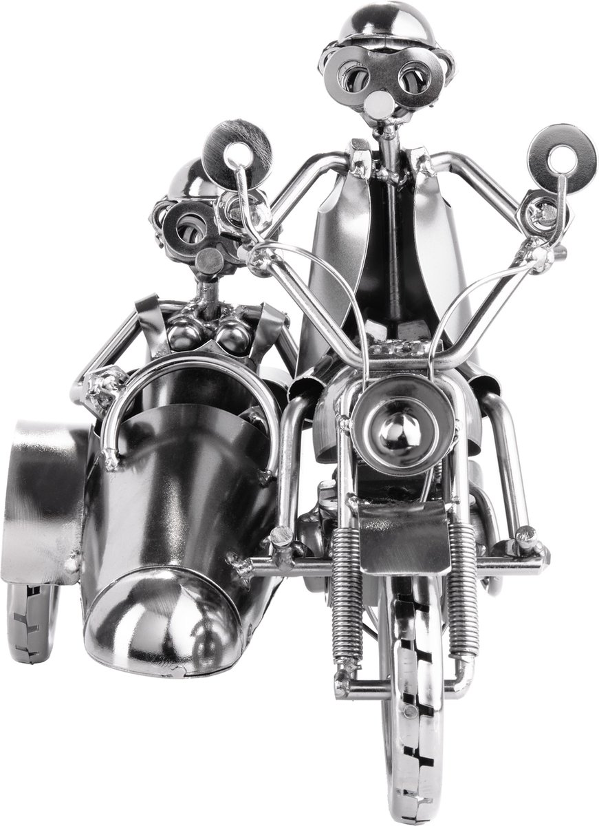 Figurine En Fer Homme à Vis Moto Avec Side-Car - Sculpture Métal Faite Main, 23 Cm - Cadeau Motard