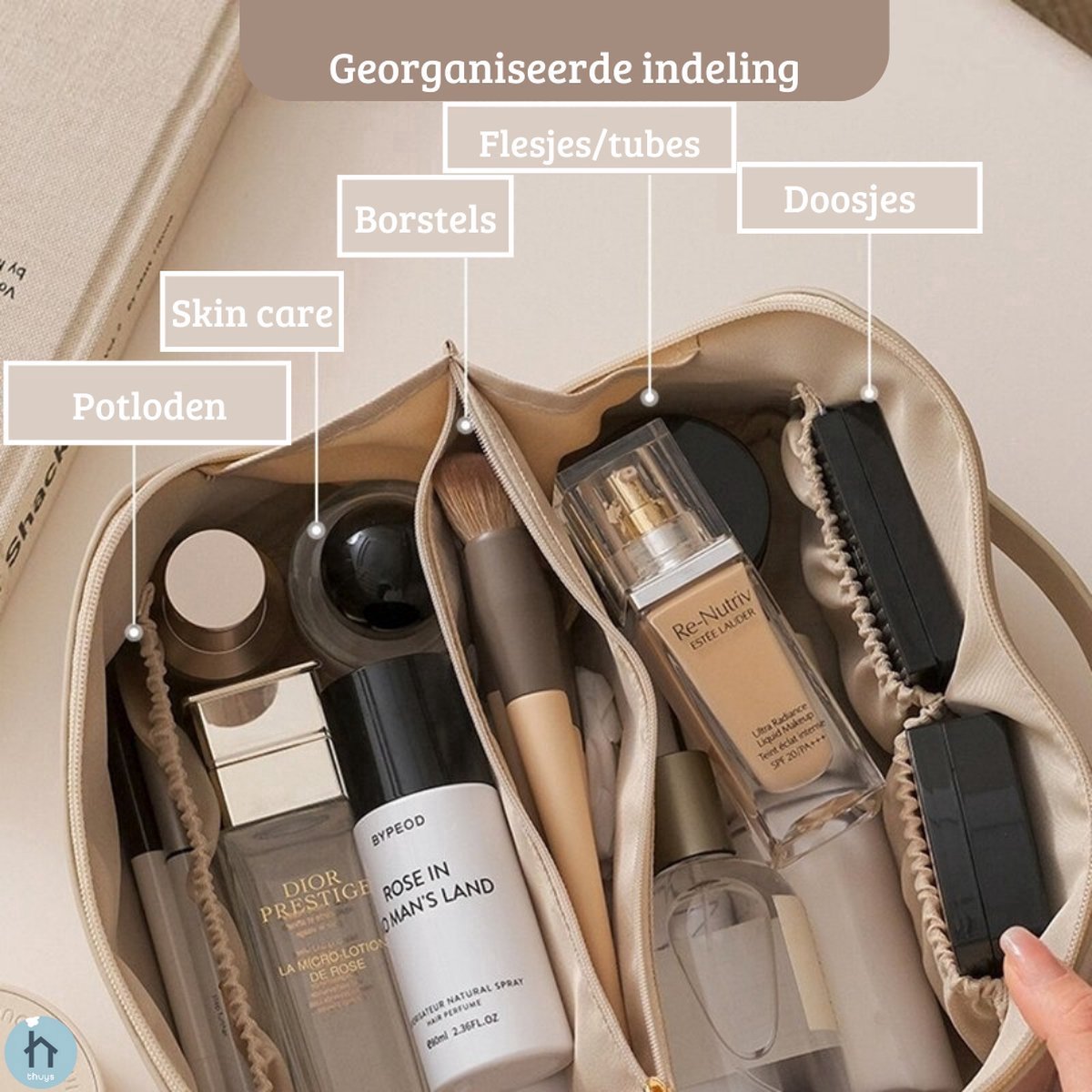Luxe Make-up Tas Beige + Beauty Blender Spons - Toilettas - Reistas - Tas Voor Toilet Artikelen - Beauty case - Cosmetica tas - Handige Make-up Tas - Make-up Organizer - Skincare Organizer - Reis Toilettas - Multifunctionele Make-up Tasje - Case Tool van Merkloos / Sans marque — cadeau in Mode & Accessoires - foto 8