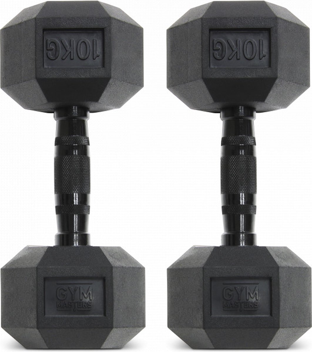 Gym Masters | Set (2 stuks) 10kg - Zwarte Hexagon dumbbells zwart | hexa dumbell 2 X 10kg | hexa dumbells | Dumbells set | gewichten | halters