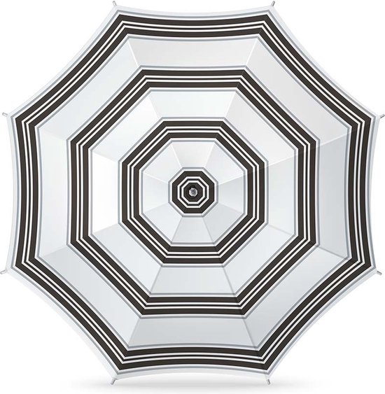Parasol met wit en zwart gestreepte panelen, van bovenaf gezien.