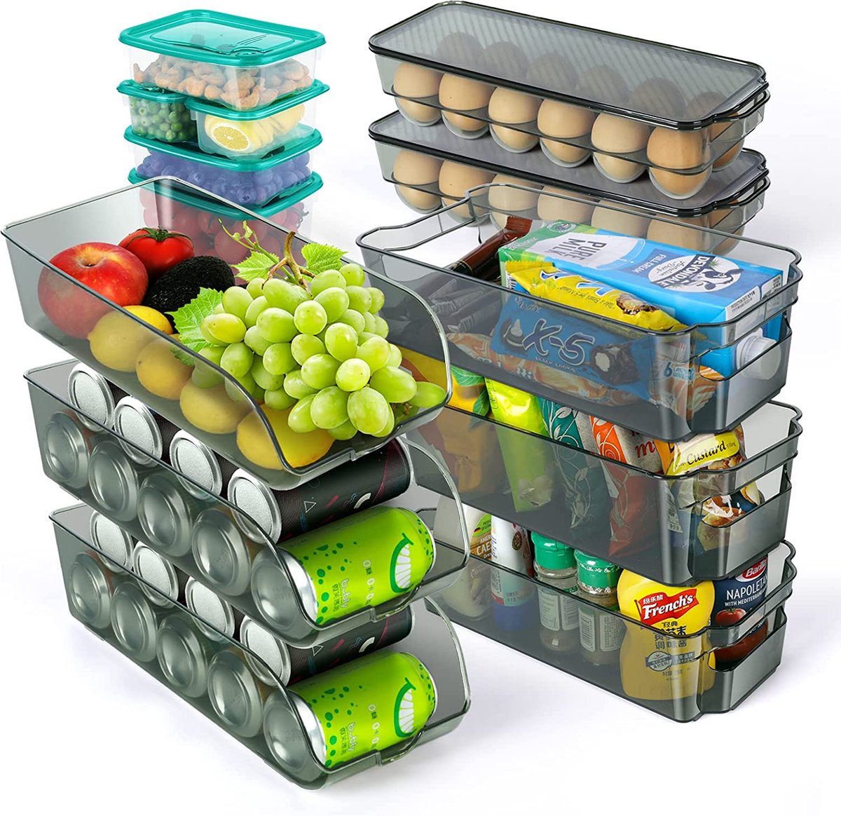 13-delige koelkastorganizer, stapelbare koelkastorganisator met handvat, blikhouder, eierdoos met deksel, luchtdichte opbergdoos, BPA-vrij, opbergdoos koelkast voor keuken