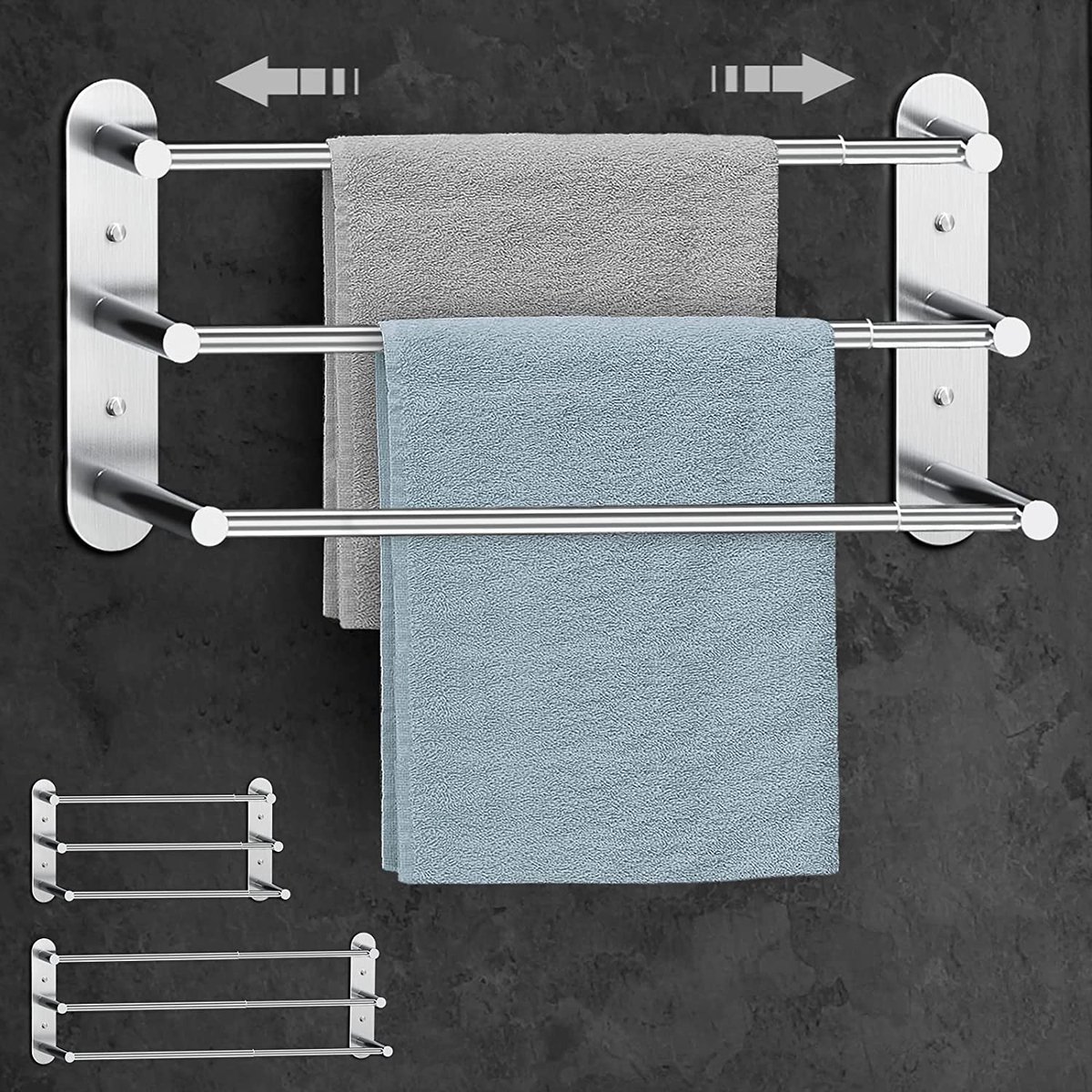 Handdoekstang zonder boren - handdoekhouder badkamer uitschuifbaar 37-70 cm - roestvrijstalen handdoekstang wandplank voor badkamer keuken - 2 installatiemethoden, zilver