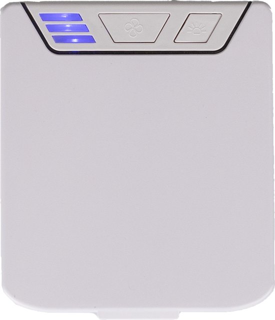Detail van de bovenkant van een witte mini-aircooler met drie blauwe LED-indicatielampjes en bedieningsknoppen.