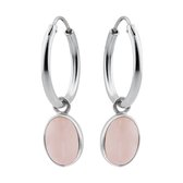| Zilveren oorringen met hanger, ovale rozenkwarts steen met zilveren rand