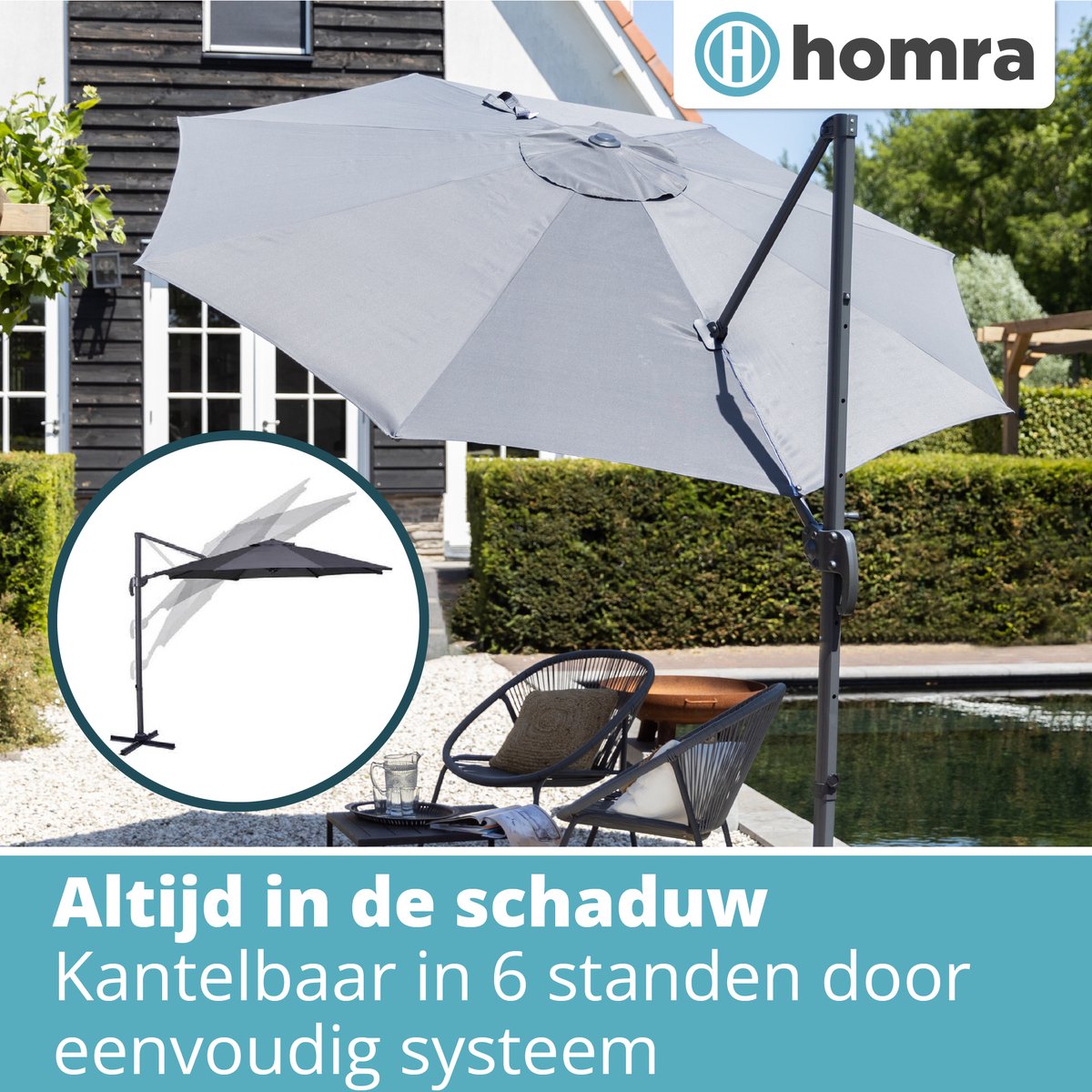 Homra Parasol met Voetpedaal - Stabiele Zweefparasol Luxe uitvoering - Ø300 cm - Draai- en Kantelbaar - Inclusief beschermhoes om makkelijk op te bergen en kruisvoet - Grijs – foto 5