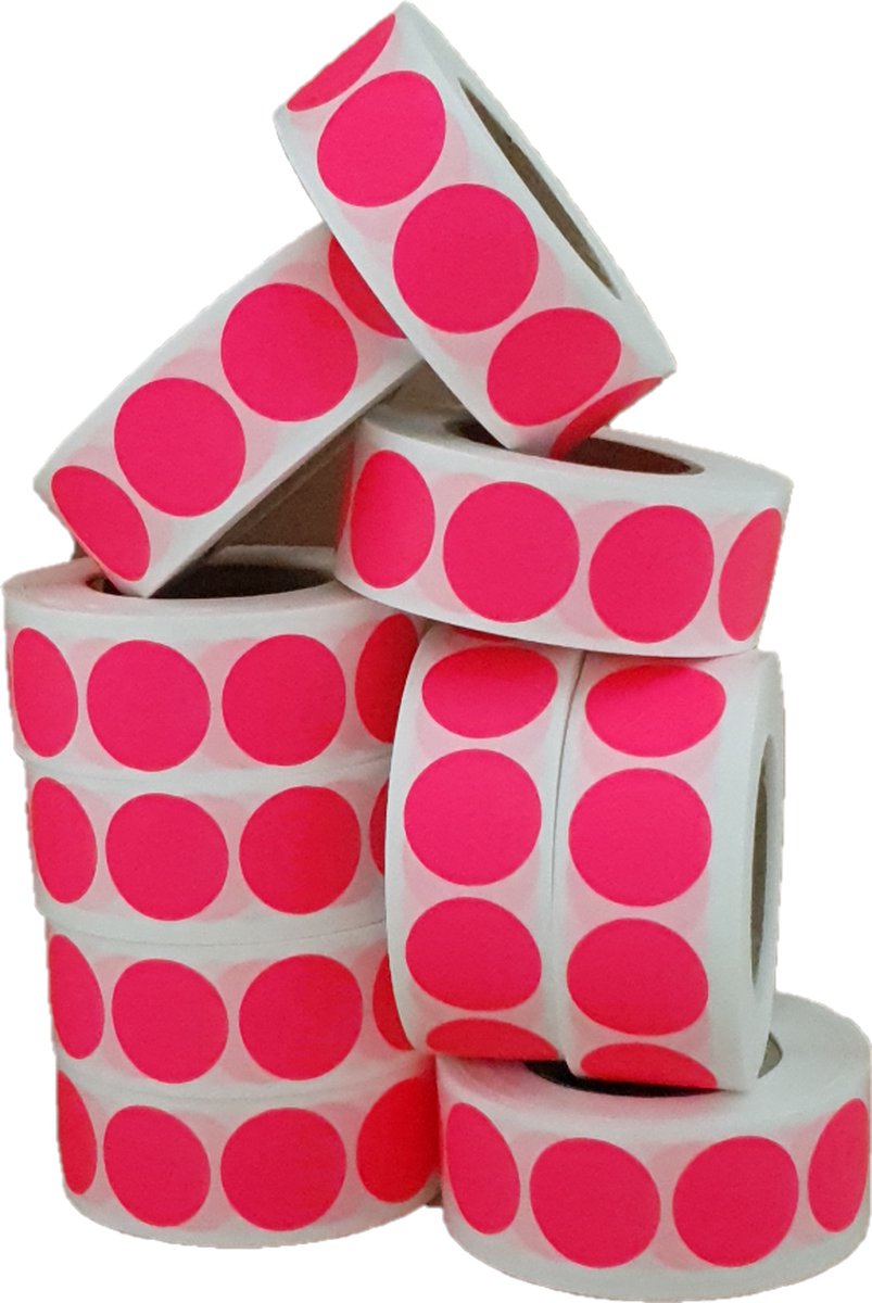 Sticker Set - "Roze Fluor" - 10 Rollen - 1000 Stuks per rol - Etiketten - 25mm - Sluitsticker - Promotie Sticker - Bulkverpakking - Blanco