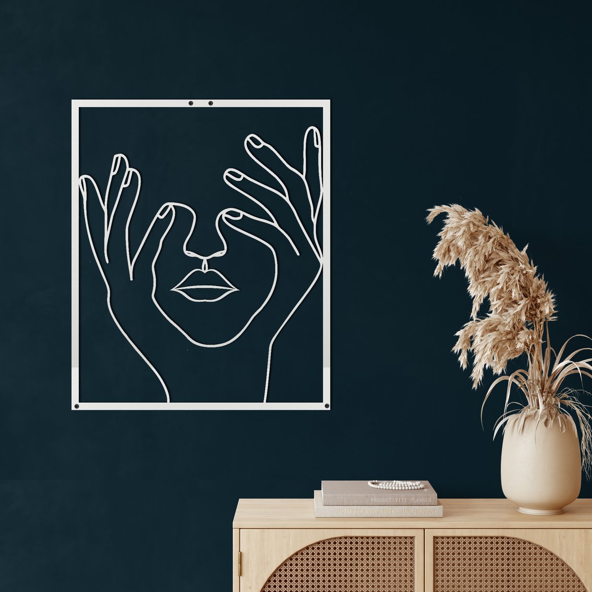Wanddecoratie | Hoofd in mijn Handen / Head in my Hands | Metal - Wall Art | Muurdecoratie | Woonkamer | Buiten Decor |Wit| 55x60cm