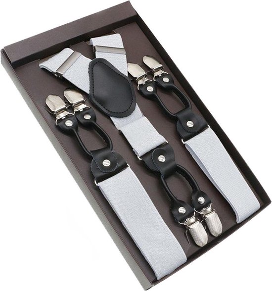 Luxe chique bretels - Wit effen - Sorprese - zwart leer - 6 stevige clips - heren - unisex