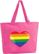 Regenboog hart shopper tas fuchsia roze 47 x 34 x 12,5 cm boodschappentas / strandtas