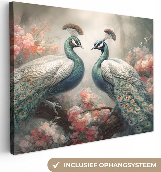 Canvas schilderij 80x60 cm - Wanddecoratie Pauwen - Pauwenveren - Vogels - Bloemen - Natuur - Muurdecoratie woonkamer - Slaapkamer decoratie - Kamer accessoires - Schilderijen