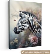 Canvas Schilderij Zebra - Wilde dieren - Vlinder - Bloemen - 90x120 cm - Wanddecoratie