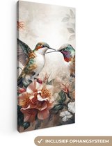 Canvas Schilderij Kolibrie - Vogels - Bloemen - Natuur - 40x80 cm - Wanddecoratie