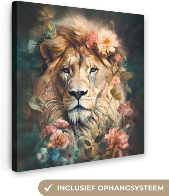 Canvas Schilderij Leeuw - Leeuwenkop - Wilde dieren - Bloemen - Wanddecoratie