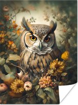 Poster Uil - Vogels - Bloemen - Natuur - 90x120 cm