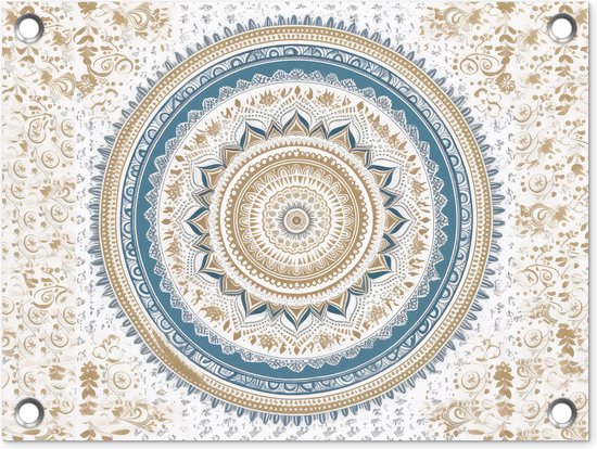 Tuin decoratie Mandala - Blauw - Bohemian - Wit - Design - 40x30 cm - Tuindoek - Buitenposter