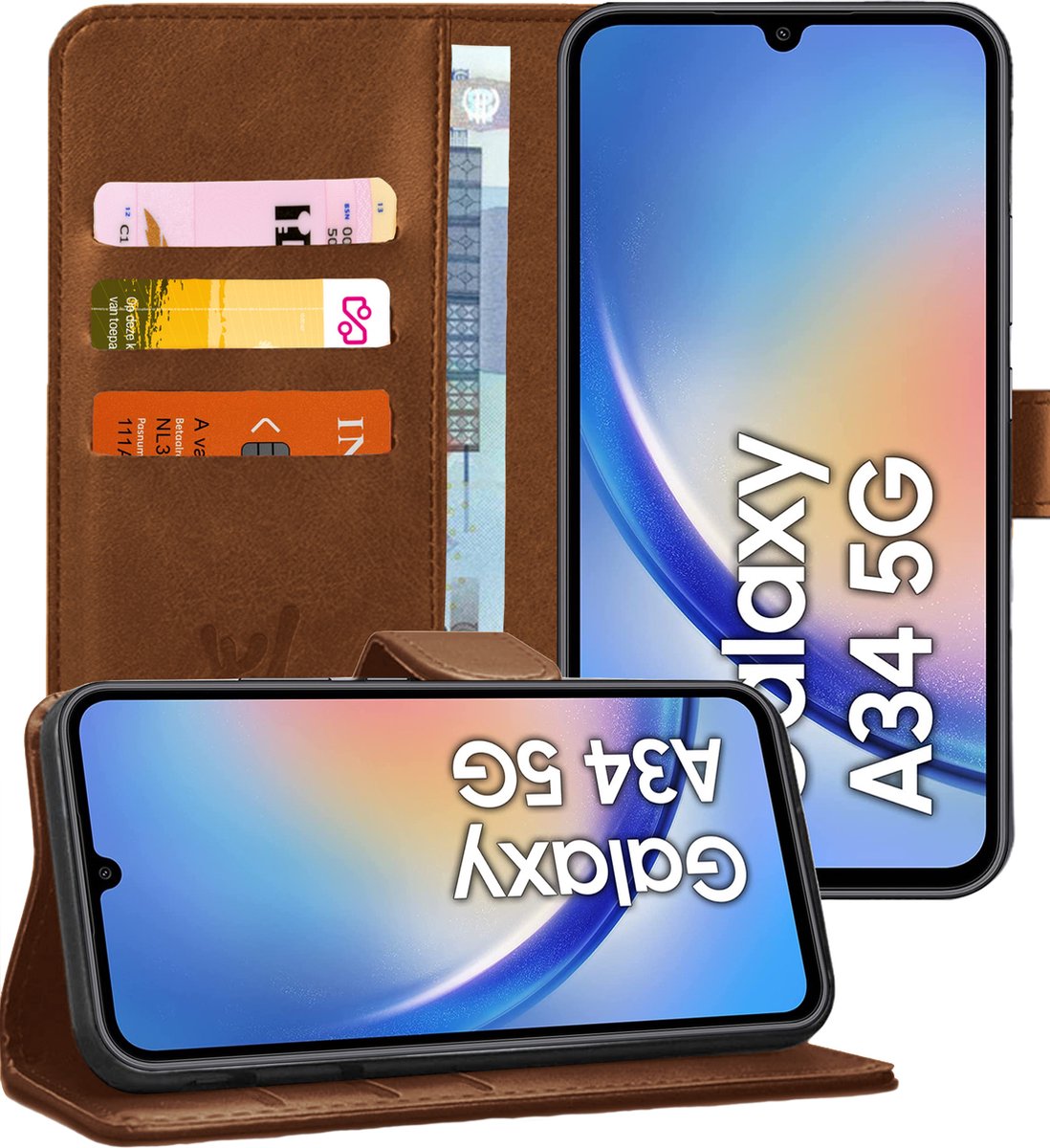 Hoesje geschikt voor Samsung Galaxy A34 - Book Case Kunstleer Pasjeshouder Bruin