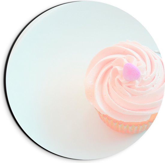 Dibond Muurcirkel - Roze Cupcake op Bordje met Vork - 20x20 cm Foto op Aluminium Muurcirkel (met ophangsysteem)