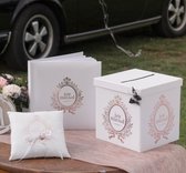 3-delige bruidsset Just Married rosé goud met gastenboek, ringkussen en moneybox - gastenboek - moneybox - trouwring kussen - rose goud - huwelijk - bruiloft