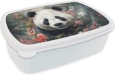 Broodtrommel Wit - Lunchbox - Brooddoos - Panda - Wilde dieren - Bloemen - Natuur - 18x12x6 cm - Volwassenen