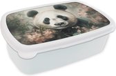 Broodtrommel Wit - Lunchbox - Brooddoos - Panda - Dieren - Bloemen - Planten - 18x12x6 cm - Volwassenen