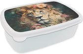 Broodtrommel Wit - Lunchbox - Brooddoos - Leeuw - Leeuwenkop - Wilde dieren - Bloemen - 18x12x6 cm - Volwassenen