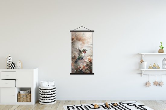Porte-affiche avec affiche - Affiche scolaire - Colibri - Vogels - Fleurs - Plantes - 60x120 cm - Lattes noires