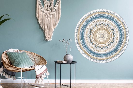 WallCircle - Stickers muraux - Cercle Papier Peint - Mandala - Blauw - Bohème - Wit - Design - 120x120 cm - Cercle Mural - Auto Adhésif - Sticker Papier Peint Rond XXL