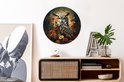 Cercle mural rond avec un hibou détaillé dans un bosquet de fleurs et de plantes aux couleurs chaudes et vives.