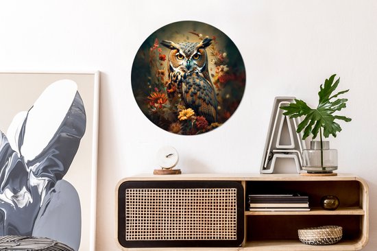 Cercle mural rond avec un hibou détaillé dans un bosquet de fleurs et de plantes aux couleurs chaudes et vives.
