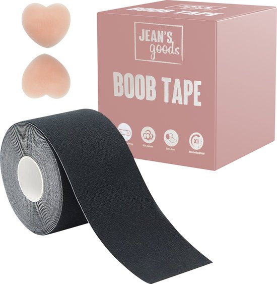 Jean's goods Goods Boob tape - Y compris les patchs de mamelon réutilisables - Cache-tétons - Bande de poitrine - Soutien- BH adhésif - 5 mètres - Super collant - Boob tape - Zwart