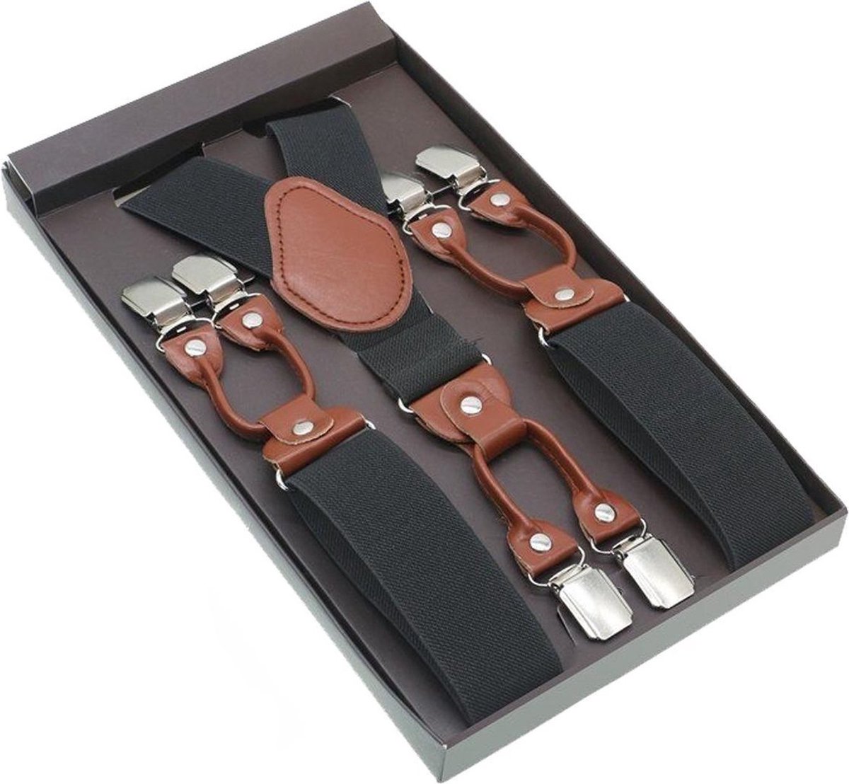 Luxe chique bretels - Donkergrijs effen dessin - Sorprese - midden bruin leer - 6 stevige clips - heren - unisex