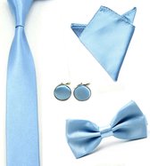 Luxe set stropdas - vlinderstrik - pochette - manchetknopen - Lichtblauw - strik - strikje - vlinderdas - pochet - heren - Cadeau