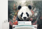 Behang - Fotobehang Panda - Wilde dieren - Bloemen - Natuur - Breedte 375 cm x hoogte 300 cm